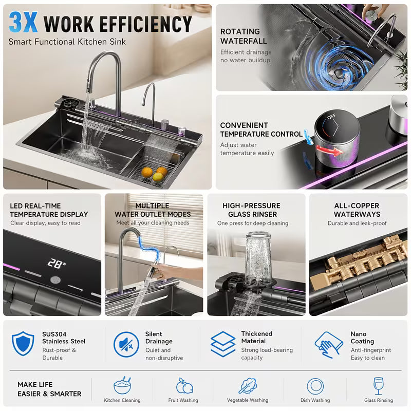 Multifunctional Stainless Steel Kitchen Sink Set - Black