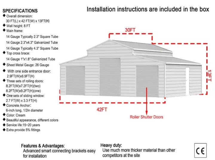 25x33ft Double Garage Metal Shed