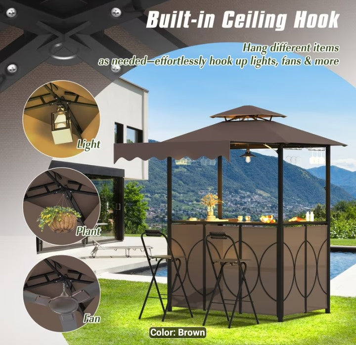 3-Piece Outdoor Patio Bar Set with Gazebo Canopy & Built-in Ceiling Hook – Brown