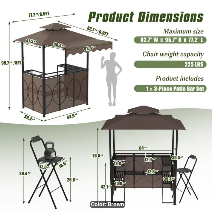 3-Piece Outdoor Patio Bar Set with Gazebo Canopy & Built-in Ceiling Hook – Brown