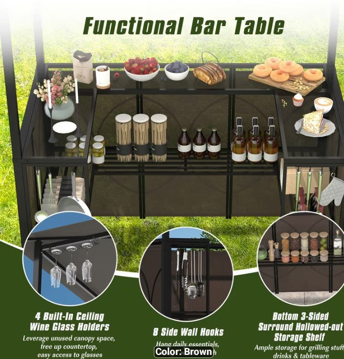 3-Piece Outdoor Patio Bar Set with Gazebo Canopy & Built-in Ceiling Hook – Brown