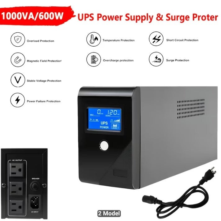 1000VA/600W UPS Power Supply & Surge Protector – 9000mAh LCD Battery Backup
