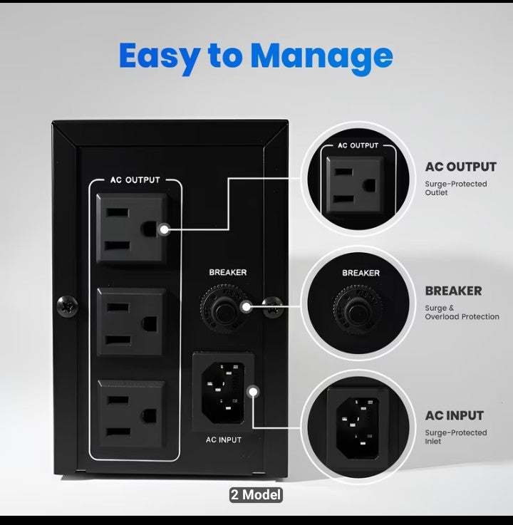 1000VA/600W UPS Power Supply & Surge Protector – 9000mAh LCD Battery Backup