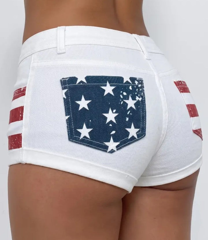 Women's Retro American Flag Denim Shorts – Low Waist Frayed Trim Hot Pants