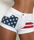 Women's Retro American Flag Denim Shorts – Low Waist Frayed Trim Hot Pants