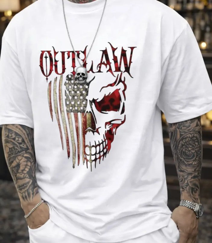 Men's OUTLAW Skull American Flag Graphic T-Shirt – White Oversized