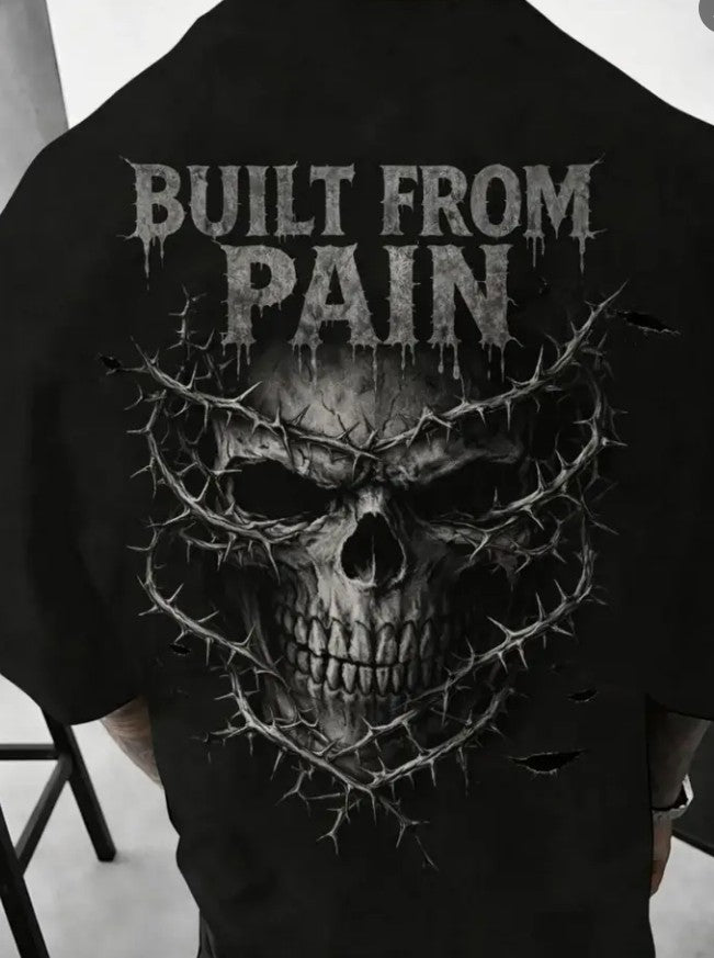Men's 'Built From Pain' Skull Gothic Back Print T-Shirt – Black