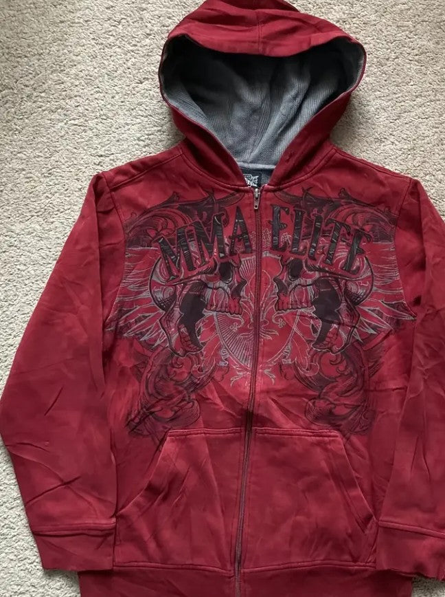 Y2K MMA Elite Zip Up Hoodie – Red Vintage Graphic Streetwear Jacket