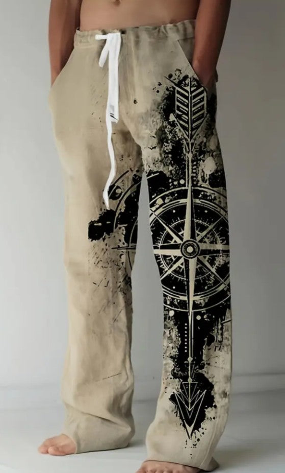 Men's Compass & Arrow Graphic Drawstring Pants – Tan Digital Print