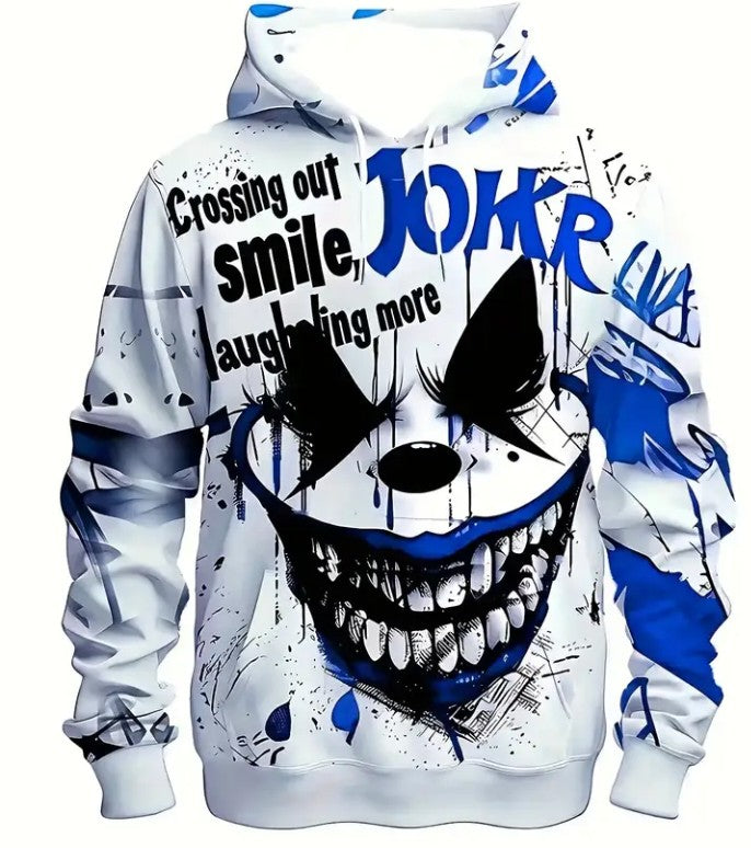 Joker Clown Face 3D Print Pullover Hoodie – White/Blue Graphic