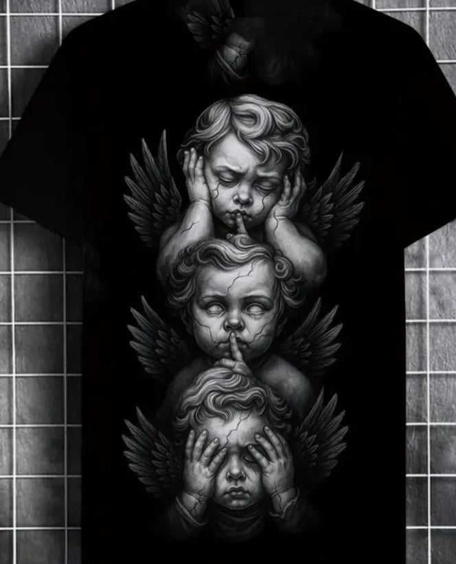 Men's Plus Size Angelic Cherub Trio Graphic T-Shirt – Black