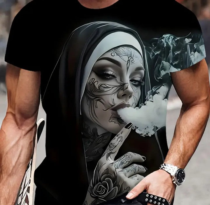 Men's Artistic Tattooed Monk Graphic T-Shirt – Black