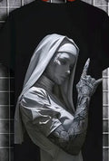 Men's 3D Tattooed Nun Graphic T-Shirt – Black Streetwear Crew Neck