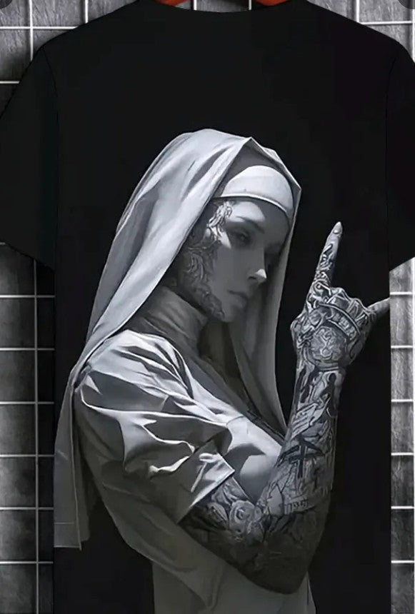 Men's 3D Tattooed Nun Graphic T-Shirt – Black Streetwear Crew Neck