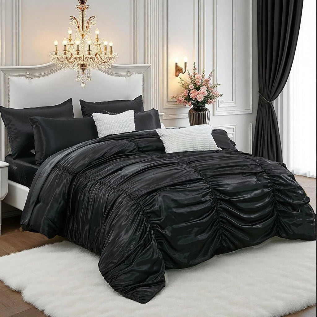 Black Satin Comforter Set 9 Pcs Luxury Bedding Set