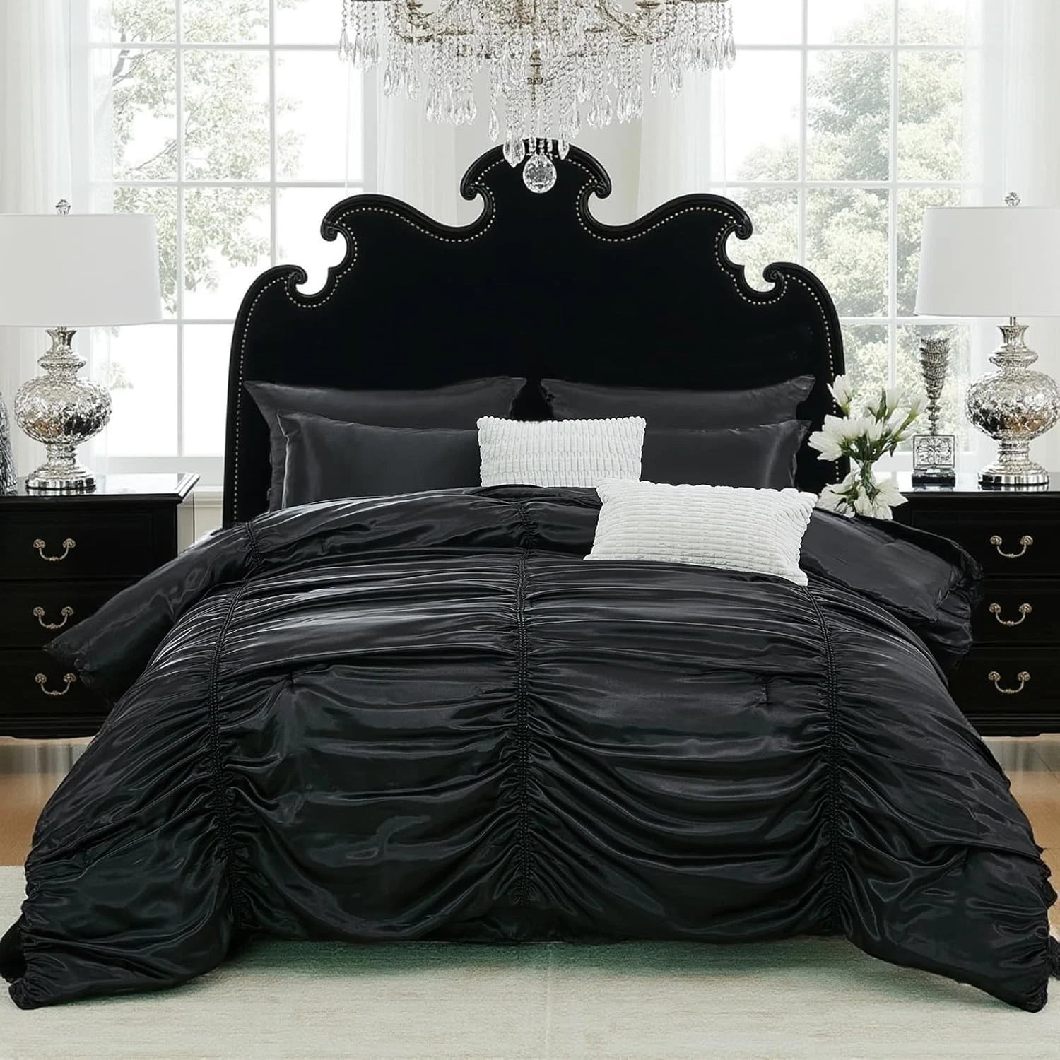 Black Satin Comforter Set 9 Pcs Luxury Bedding Set